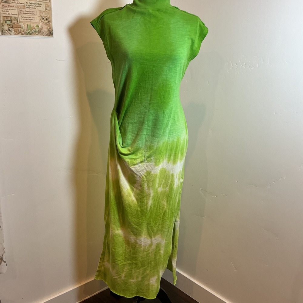 Free People Tie Dye Draped Maxi Dress Green Mock Neck Knot Detail XS Boho Slub